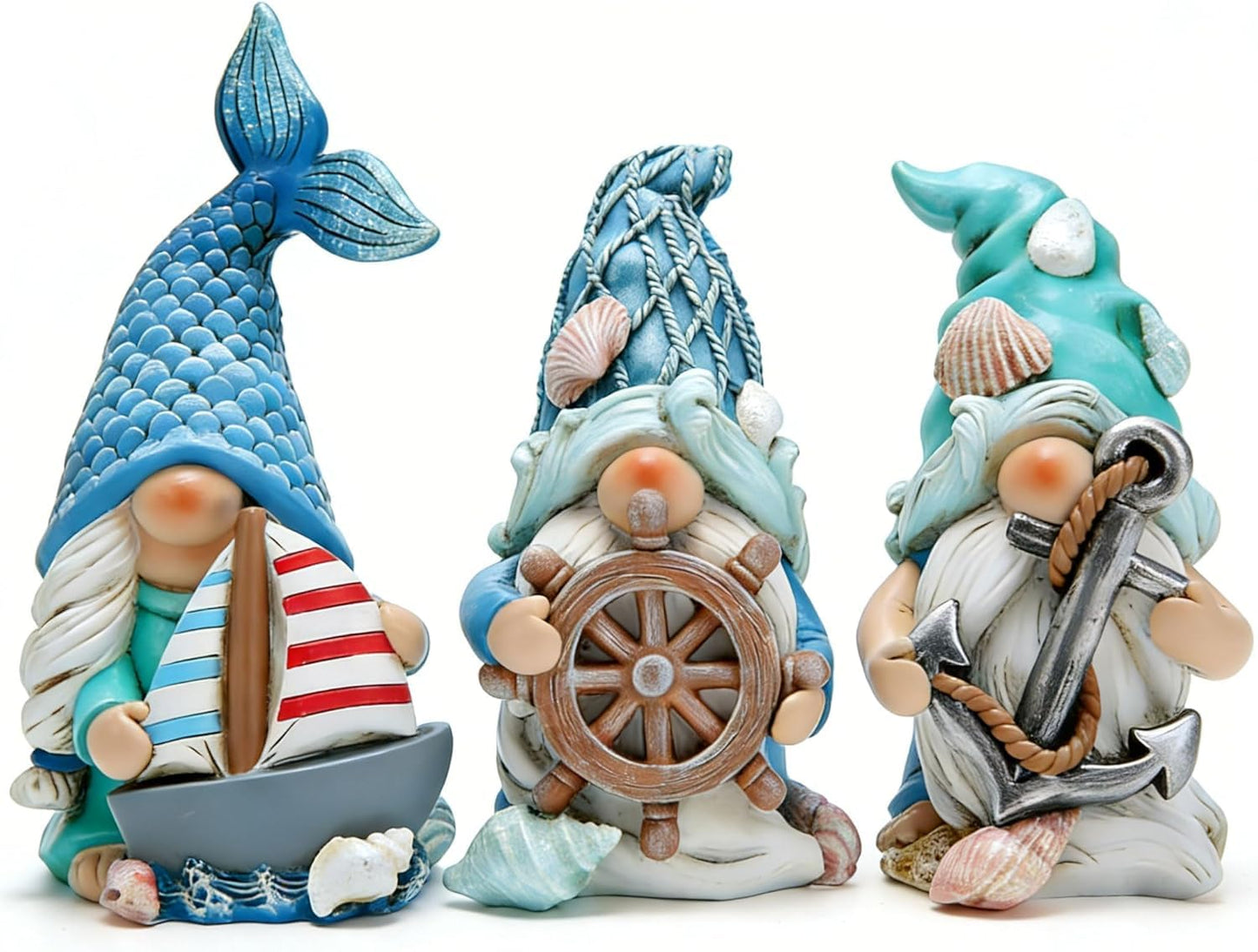 Hodao Coastal Nautical Gnome Figurines Set, Ocean Theme Resin Gnome Decor with Anchor Helm Sailboat, Beach Coastal Home Tabletop Decoration Gift for Spring Summer All Season