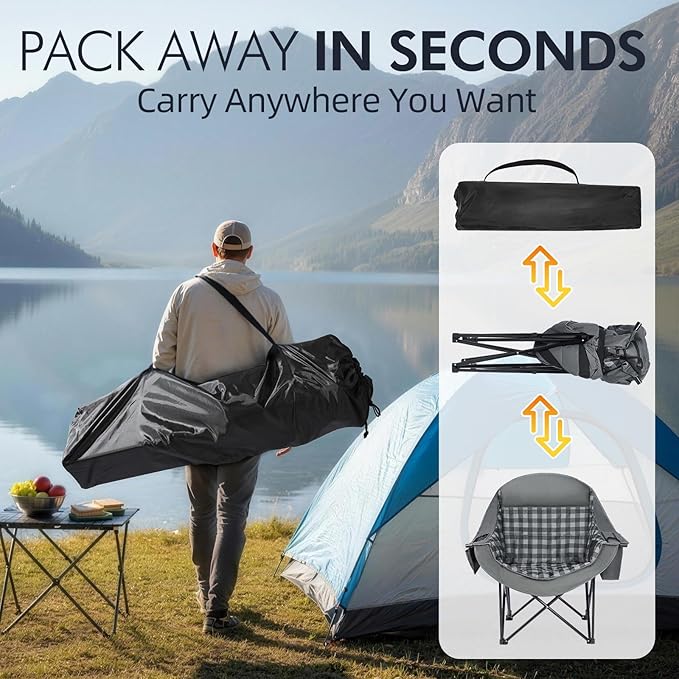 Oversized Camping Chairs for Adults - Heavy Duty Padded Outdoor Folding Lawn XL Camp Chair with Cup Holder Cooler Pockets for Outside Sports Beach Fishing Garden Portable Supports 500lbs, Grey