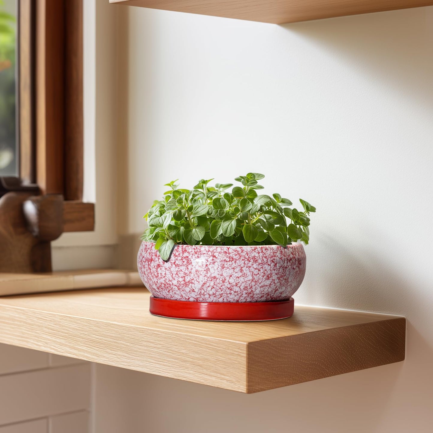 EPFamily Bonsai Pots Small - 6 Inch Ceramic Succulent Pots with Drainage Hole and Ceramic Saucer, Succulent Planters Indoor Outdoor, Shallow Round Planter, Apartment Decor, Housewarming Gifts, Red
