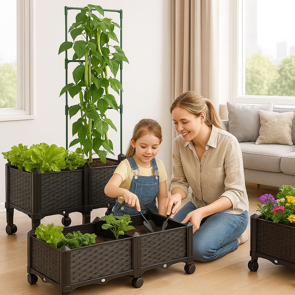 Sherbo Raised Garden Bed Planter Box on Wheels with Trellis, Rattan Style Raised Planter for Outdoor Plants, Compact Mobile Planter Box for Patio or Balcony