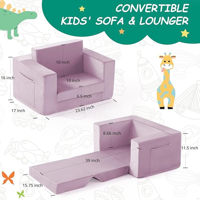 Kids Couch, 2-in-1 Toddler Chair Comfy 1-3 Years, Convertible Kids Chair