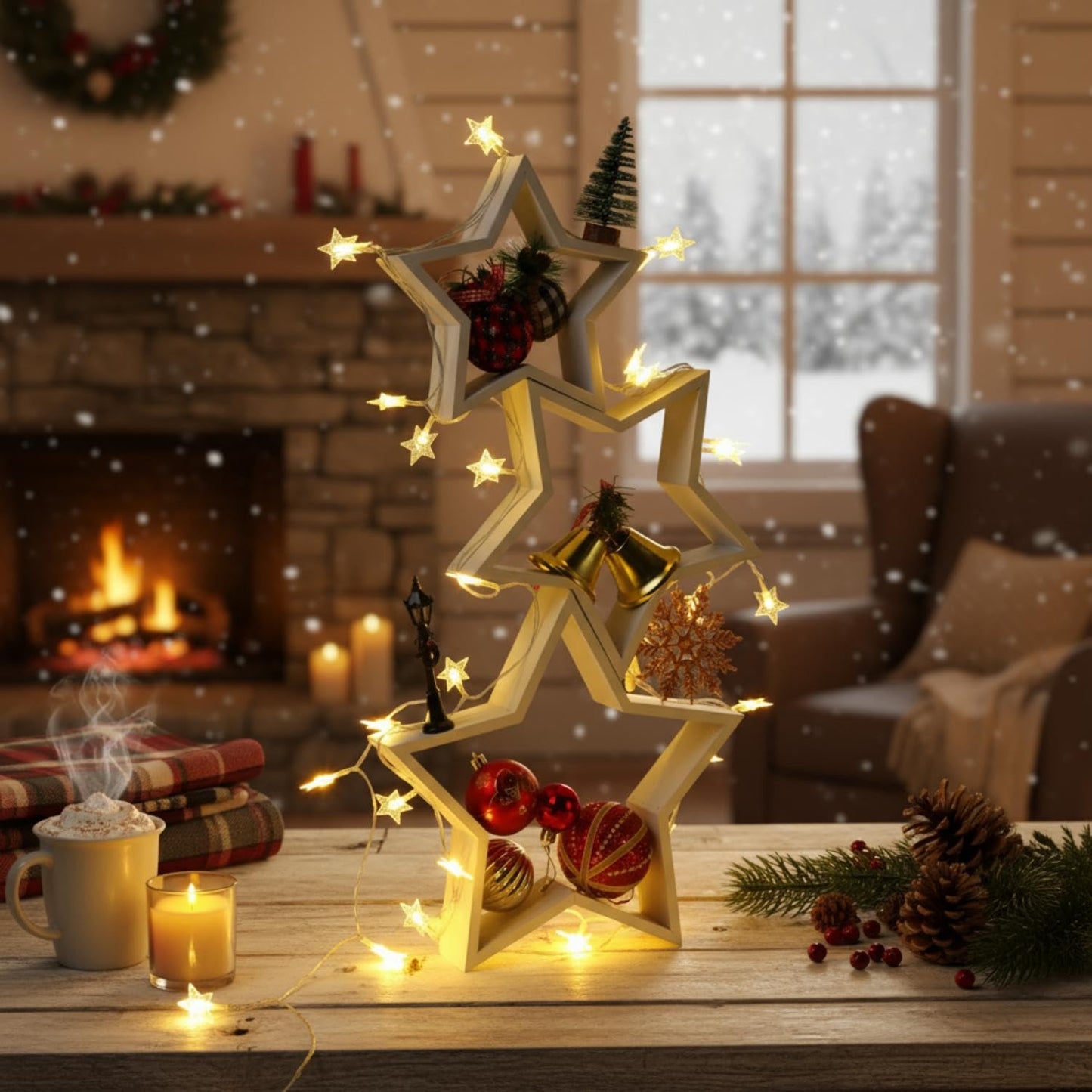 Geelin 6 Pcs Christmas Wooden Star Tabletop Centerpiece Sign with Light Strips Tape DIY Xmas Ornament for Farmhouse Fireplace Mantle Table Crafts Bookshelf Tiered Tray Decor (White)