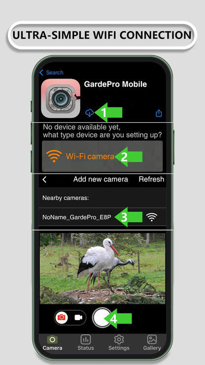 GardePro E8P WiFi Trail Camera Bundle (Non-Cellular), External WiFi Antenna, 8000mAh Rechargeable Battery, On-Site App Viewing, No-Glow Night Vision, Motion Activated