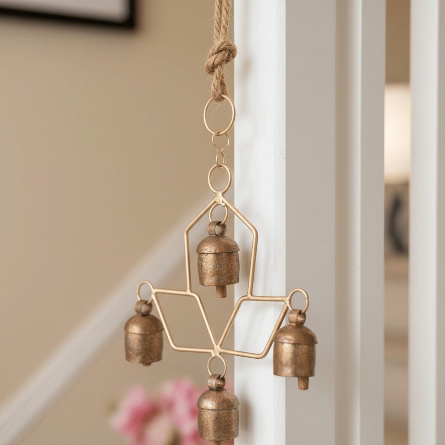Handmade Wind Chime Bell – Rustic Hanging 4 Bell for Porch, Garden, Balcony, Christmas Decor – Farmhouse Jingle Bells, Witch Bells, Lucky Cow Bells, Boho Ornament Indoor Outdoor - 8 x 4 Inch