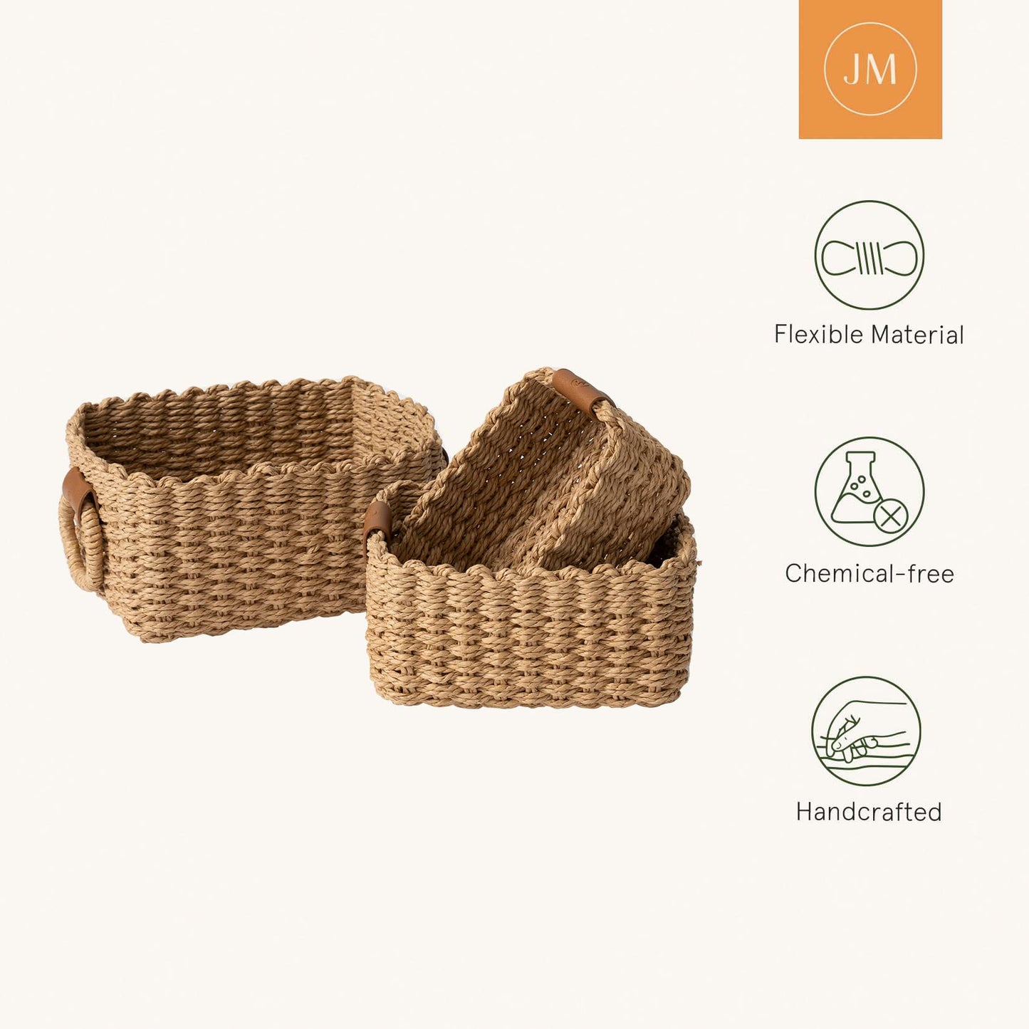 La Jolíe Muse Woven Wicker Storage Baskets, Paper Rope Storage Boxes Bin Organizer Divider for Cupboards Drawer Closet Shelf Dresser, Set of 3 (Desert)