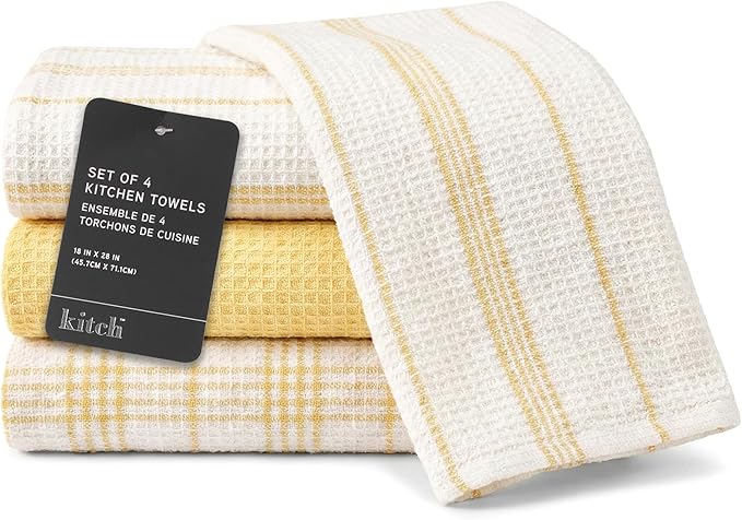 MosJos Kitchen Towels Set of 4 Dish Towels Yellow n White Waffle Weave Cotton