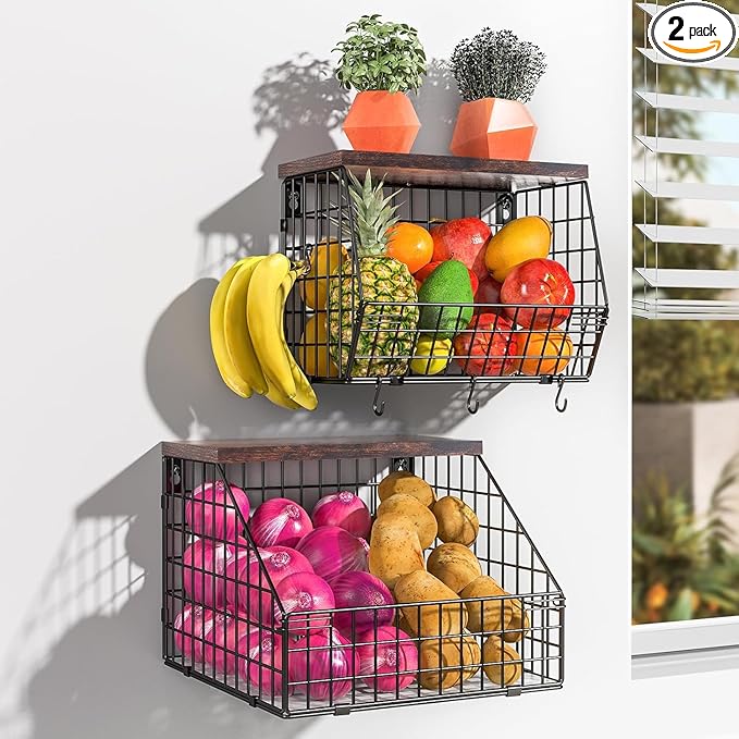 Fruit and Vegetable storage, 2 Set Wall Mounted Wire Baskets, Fruit Basket