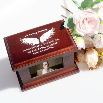 5.5 Inch Small Wooden Memorial Urn with Photo Frame, Keepsake Urn Box for Human/Pet Ashes - Wing