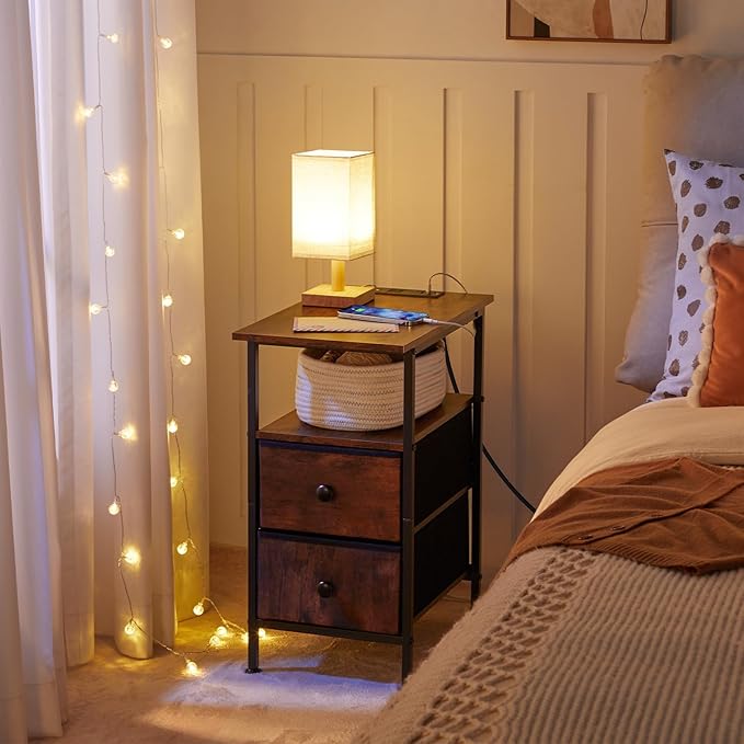 HOOBRO End Table with Charging Station, Nightstand with 2 Non-Woven Drawers