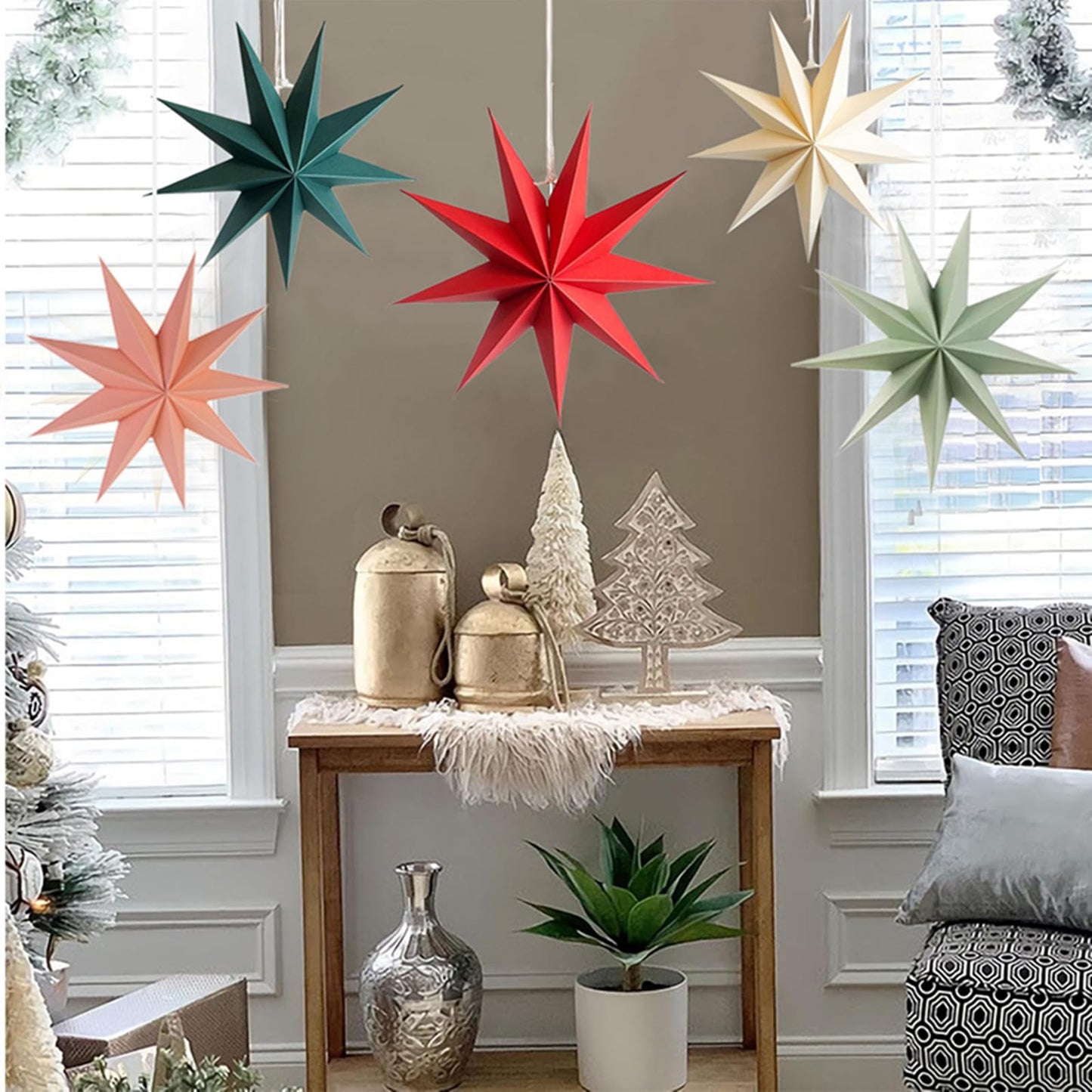 5Pcs Red Pink Green Beige Christmas Paper Star,12 Inch Large 9 Pointed Hanging Star Lantern for Xmas Tree,Fireplace,Porch,Birthday Party,Home Decor