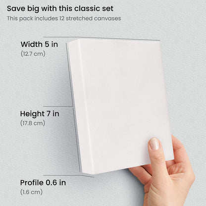 Arteza Stretched Canvas, Pack of 12, 5 x 7 Inches, Blank White Canvases, 100% Cotton, 8 oz Gesso-Primed, Art Supplies for Acrylic Pouring and Oil Painting