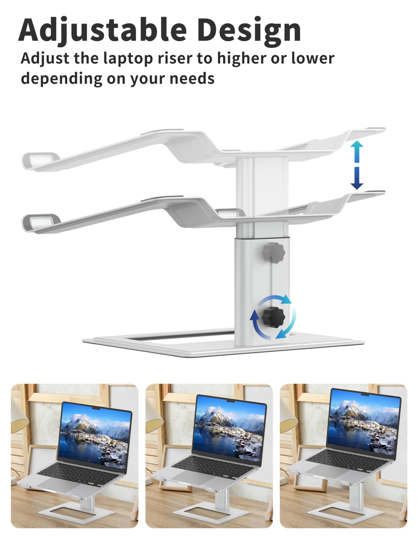 SOUNDANCE Adjustable Laptop Stand for Desk, Computer Stand, Ergonomic Laptop Riser Holder Compatible with 10 to 17.3 Inches Notebook PC Computer, Aluminum Silver