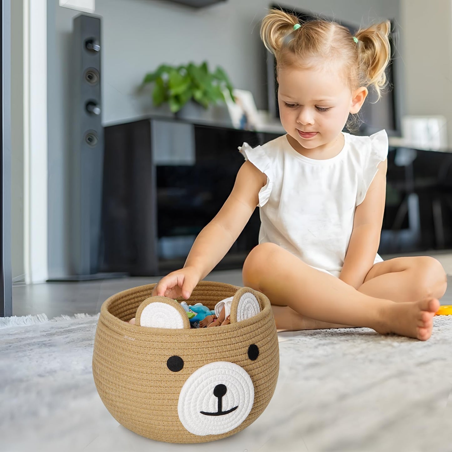 PandaEar Cotton Rope Baby Basket, Baby Gift Basket Nursery Laundry Organizer with Cute Bear Design for Storage Infant Newborn Essentials, Diaper Caddy with Handle (Brown)