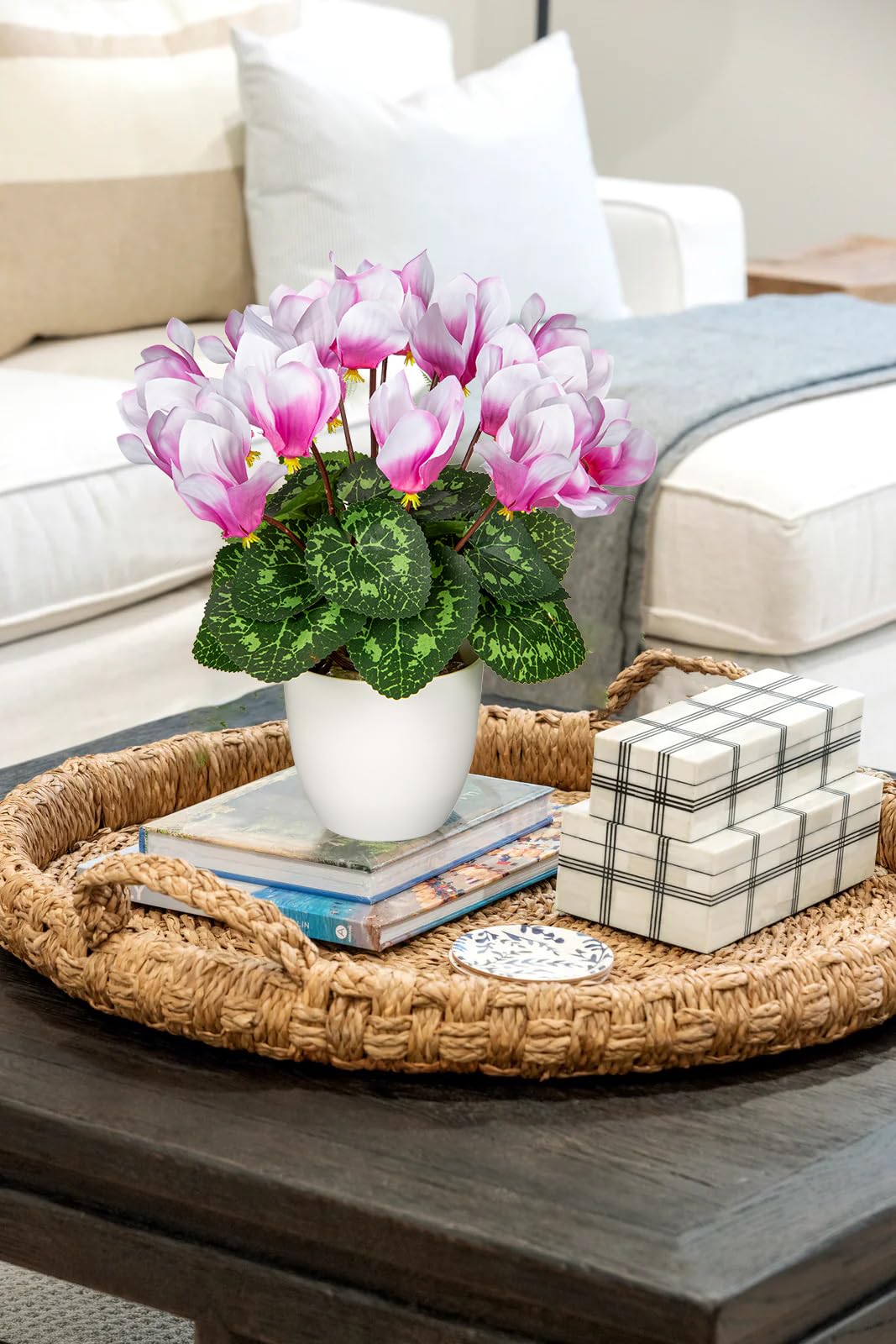 Hollyone Artificial Cyclamen Flowers Plant Potted Fake Silk Flower Plants in White Pot Faux Pink Cyclamen Flowers Arrangement Home Decor Office Bathroom Shelf Desk Decorations