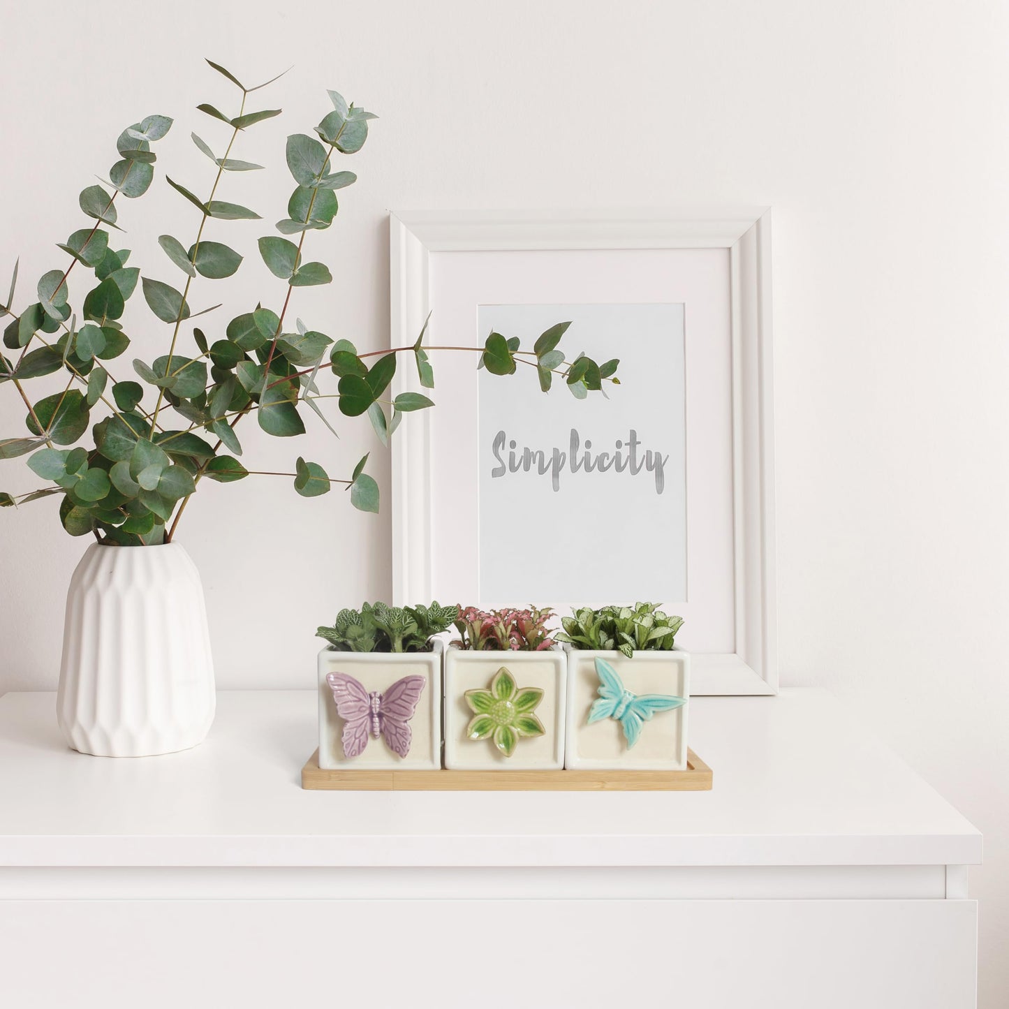 Gnliny 3.1 Inch Ceramic Succulent Pots with Bamboo Tray - 3Pcs Square Planters with Drainage Holes, 3D Butterfly & Flower Design for Indoor Plants, Desk Organizer for Home Office