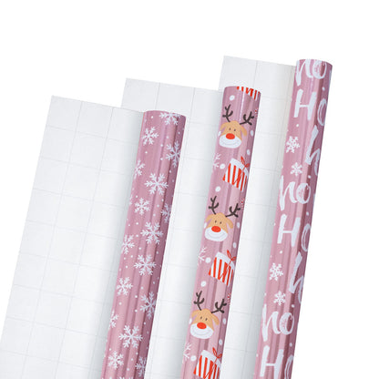 LeZakaa Christmas Wrapping Paper Mini Roll, Pink Metallic Foil Shine Paper - Snowflakes/Santa Claus/HO Print for Gift Wrap, Arts Crafts - 17 x 120 inches - 3 Rolls (42.5 sq.ft.ttl.)
