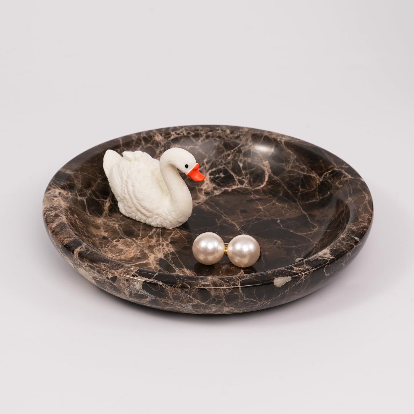 LWALMS Brown Marble Jewelry Tray - Stone Trinket Ring Key Purse Holder Dish, Small Cute Round Plate Decorative Bowl for Nightstand Entryway Coffee Table Decor (5.5 inch)
