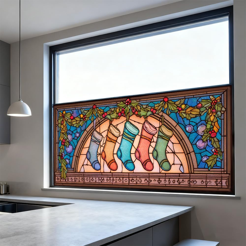 WDESYADMS Window Privacy Film 39x17 Inch Christmas Stockings Stained Glass Design Peel and Stick Static Cling Decorative Window Film for Holiday Living Room Bedroom Glass Door