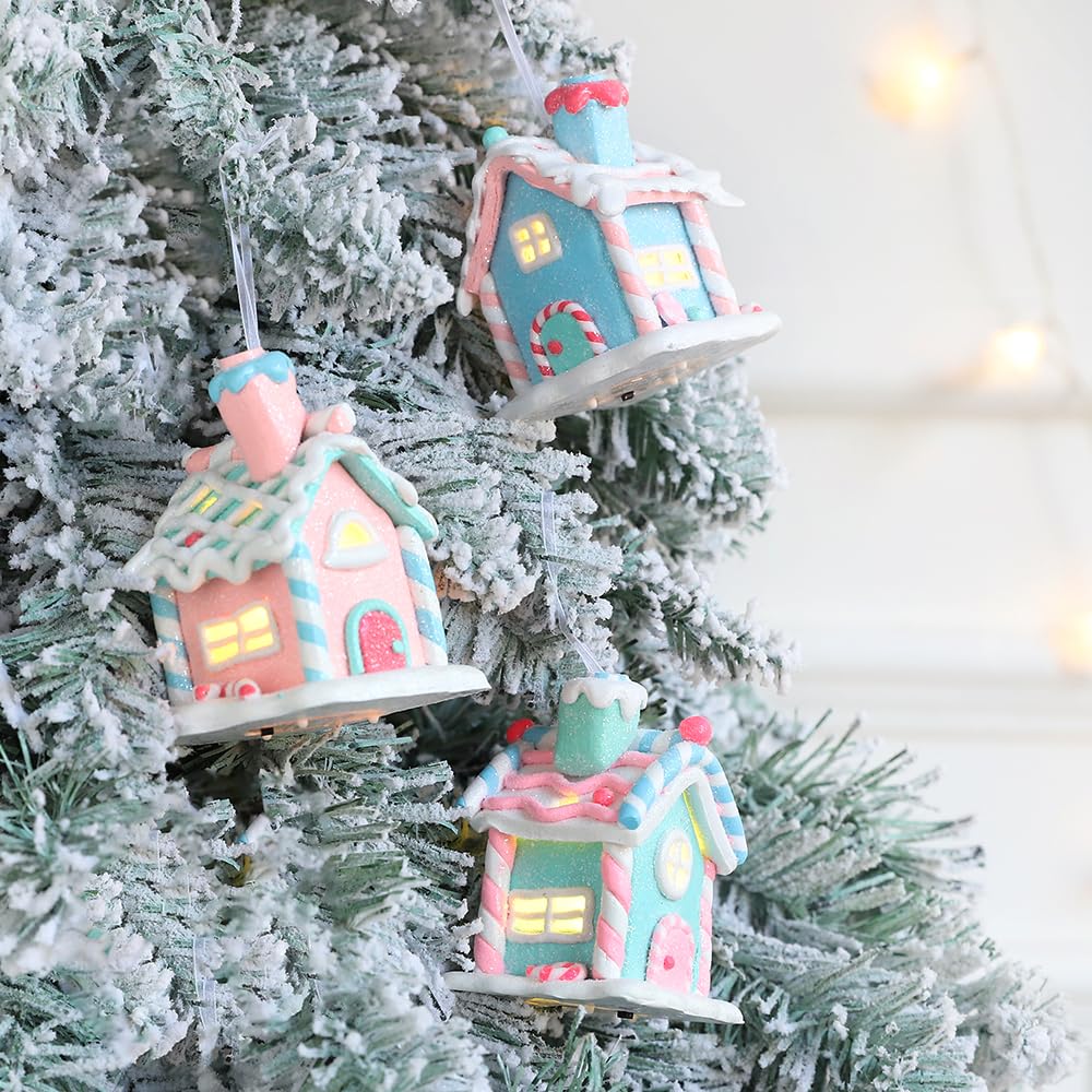 3Pcs Pastel Candy House Christmas Tree Ornaments with Lighted LED, Clay Gingerbread House Hanging Ornaments with Rope for Xmas Tree Holiday Party Home Decoration