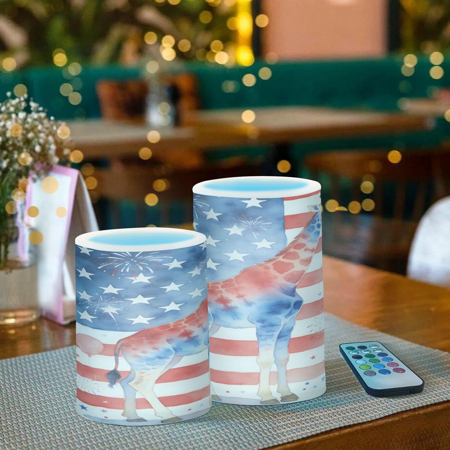 JULYTO Flameless Candles with Remote and Timer Pillar Set of 2 Flag Giraffe Fireworks Flickering Led Battery Operated Candles for Home Holiday Party Wedding (Not Include Battery),