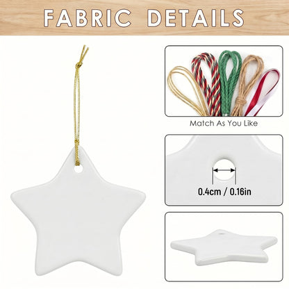 WILLBOND 10 Pcs Sublimation Blank Ceramic Ornament, 3 Inch White Ceramic Ornament Blanks with Gold String, Heat Press Transfer Supplies for DIY Craft Personalized Hanging Decoration(Five Pointed Star)