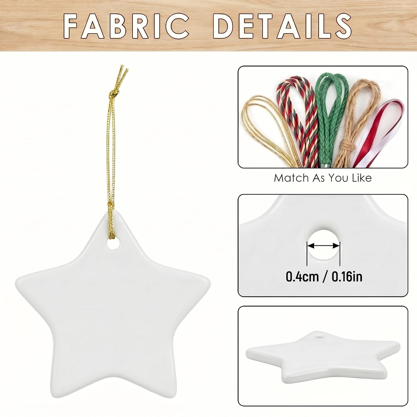 WILLBOND 10 Pcs Sublimation Blank Ceramic Ornament, 3 Inch White Ceramic Ornament Blanks with Gold String, Heat Press Transfer Supplies for DIY Craft Personalized Hanging Decoration(Five Pointed Star)