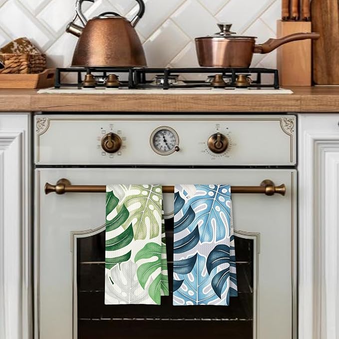 Boho Tropical Kitchen Towels Set of 2, Palm Leaf Botanical Dish Tea Towels