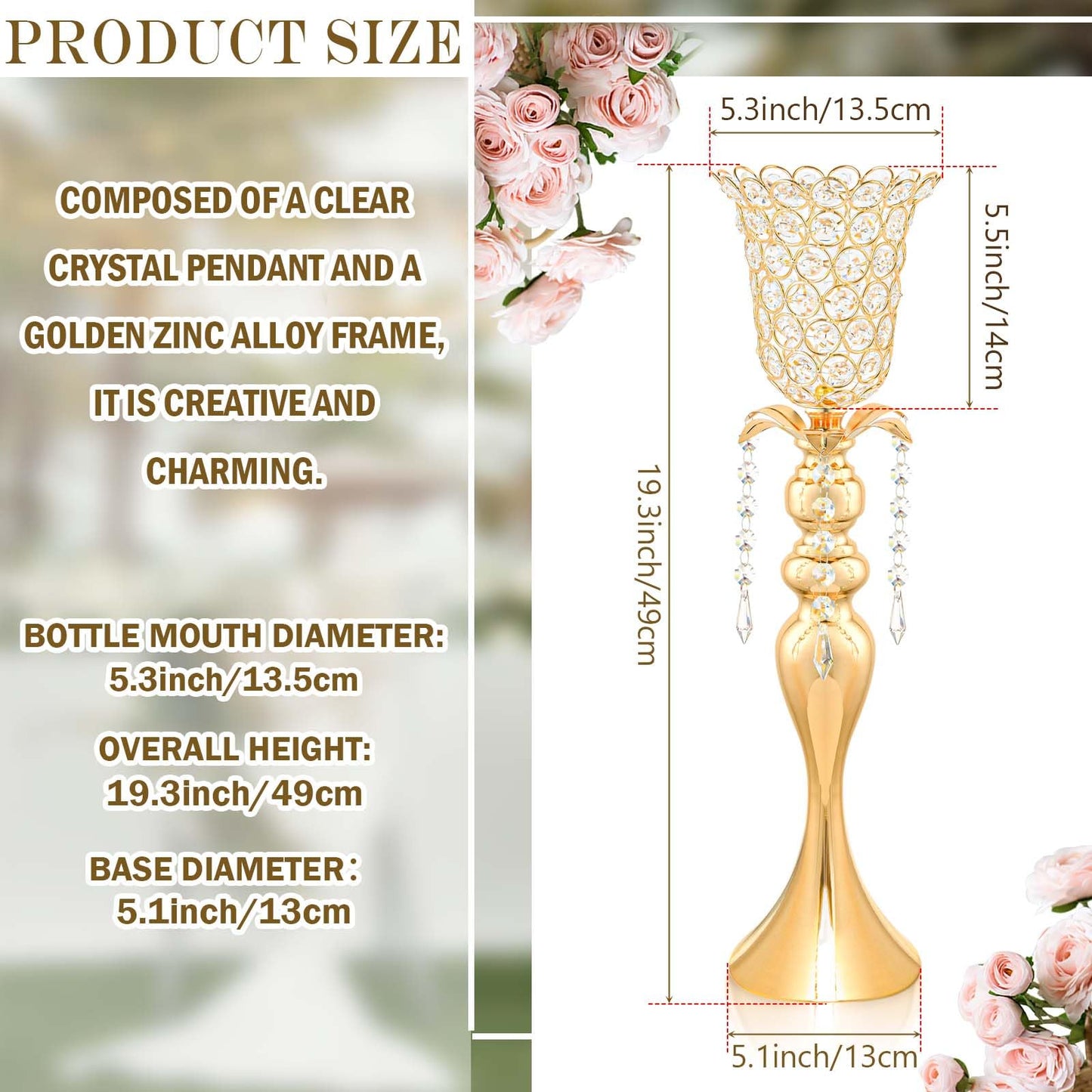 Kehail 2Pcs Gold Crystal Metal Vase Set - Tulip & Trumpet Wedding Centerpieces, Artificial Flower Arrangement Vases for Home Decor, Restaurant Table Displays