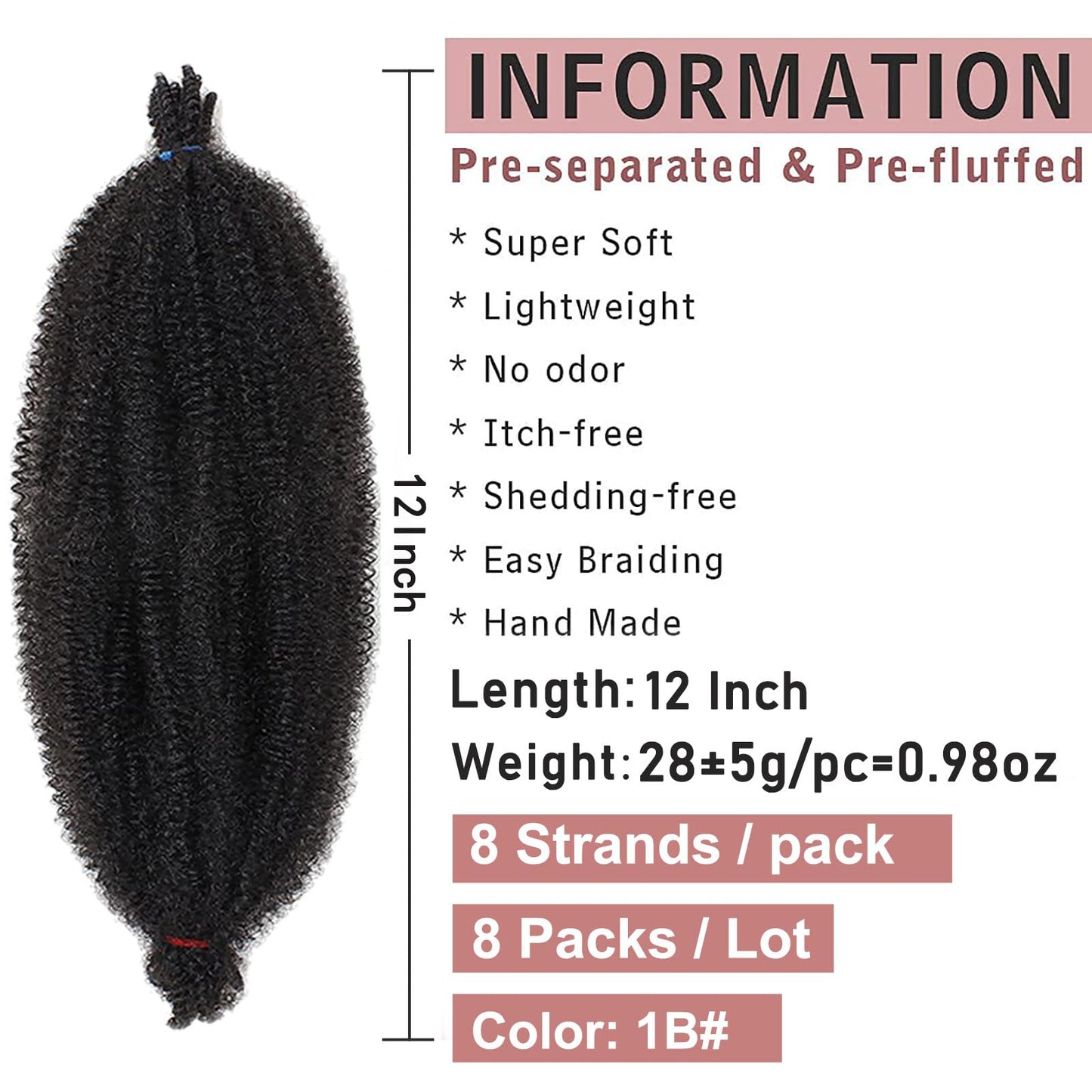 Xtrend 8 Packs 12 Inch Soft Springy Afro Twist Hair Pre-Separated Spring Twist Hair for Faux Locs Natural Black Marley Twist Crochet Braiding Hair Synthetic Hair Extensions 8 Strands/Pack 1B#
