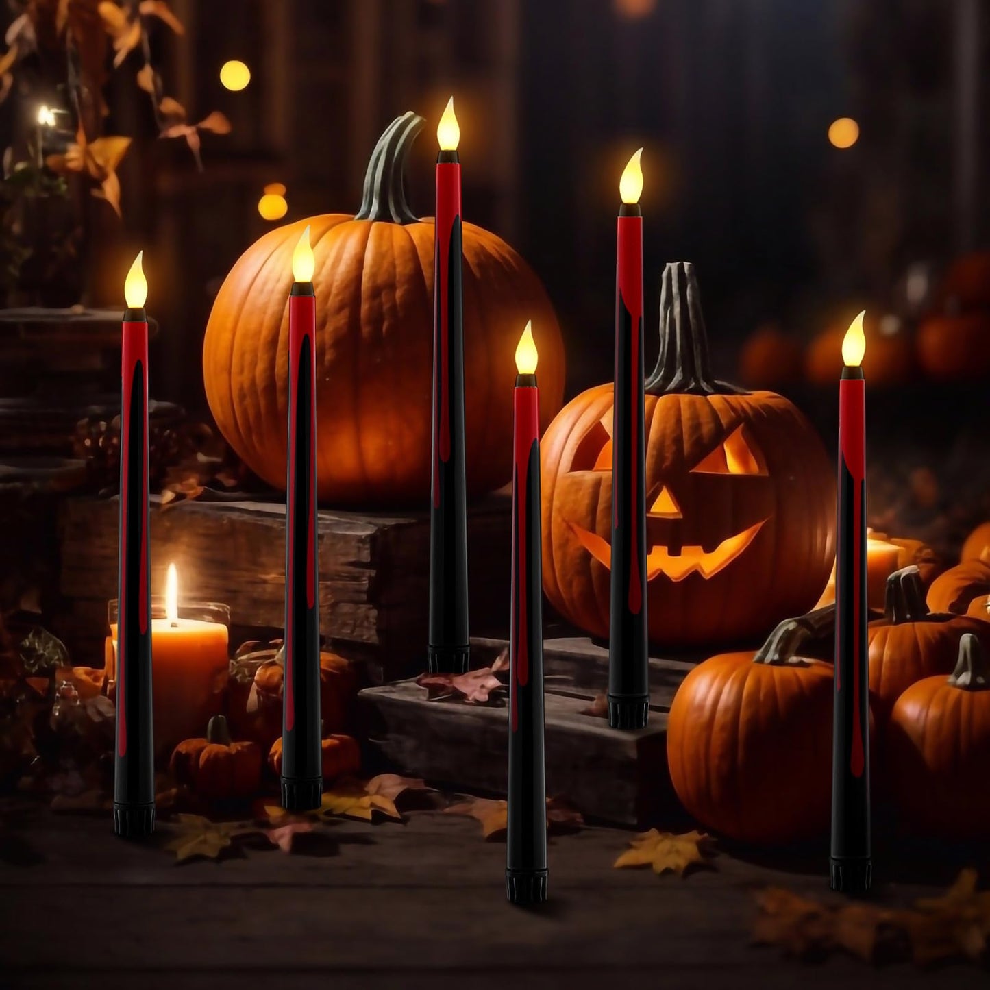Kittmip 6 Pcs Halloween Flameless Taper Candles 11 Inch Long Red Black Battery Operated LED Bloody Candles Haunted Table Centerpiece for Holiday Party Table Decor