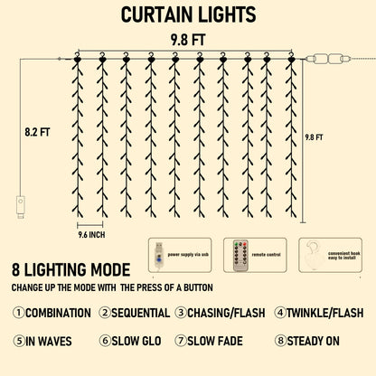 FUNPENY Window Curtain String Lights, 300 LED 8 Lighting Modes Fairy Lights USB Powered, Waterproof Lights for Christmas Bedroom Party Wedding Home Garden Wall Decorations, Warm White