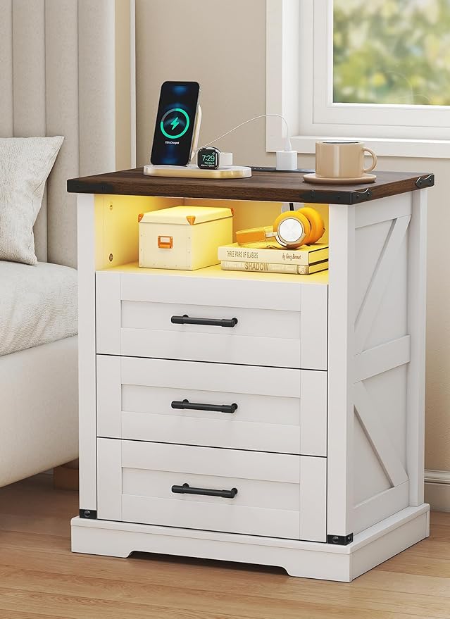 Turosur Night Stand with Charging Station 22" Large Farmhouse Nightstands with