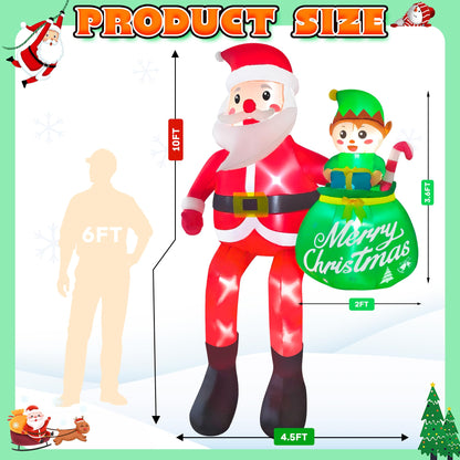 CORALMEE 10FT Christmas Inflatable Santa Claus Outdoor Decorations, Climbing Santa Inflatable Yard Decor with Elf & Built-in LEDs, Giant Christmas Blow up Decorations for Roof Balcony Plaza Street