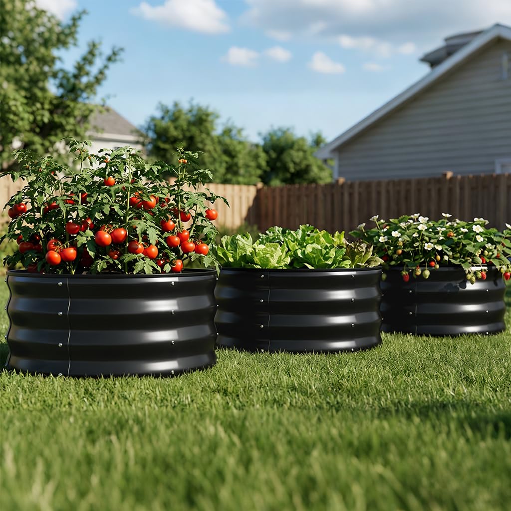 COMHOMA 3 Pack Round Raised Garden Bed 2x2x1ft,Galvanized Metal Planter Box Kit for Outdoor Gardening,Vegetable Flower Herb Growing Beds with Gloves Tools,Black