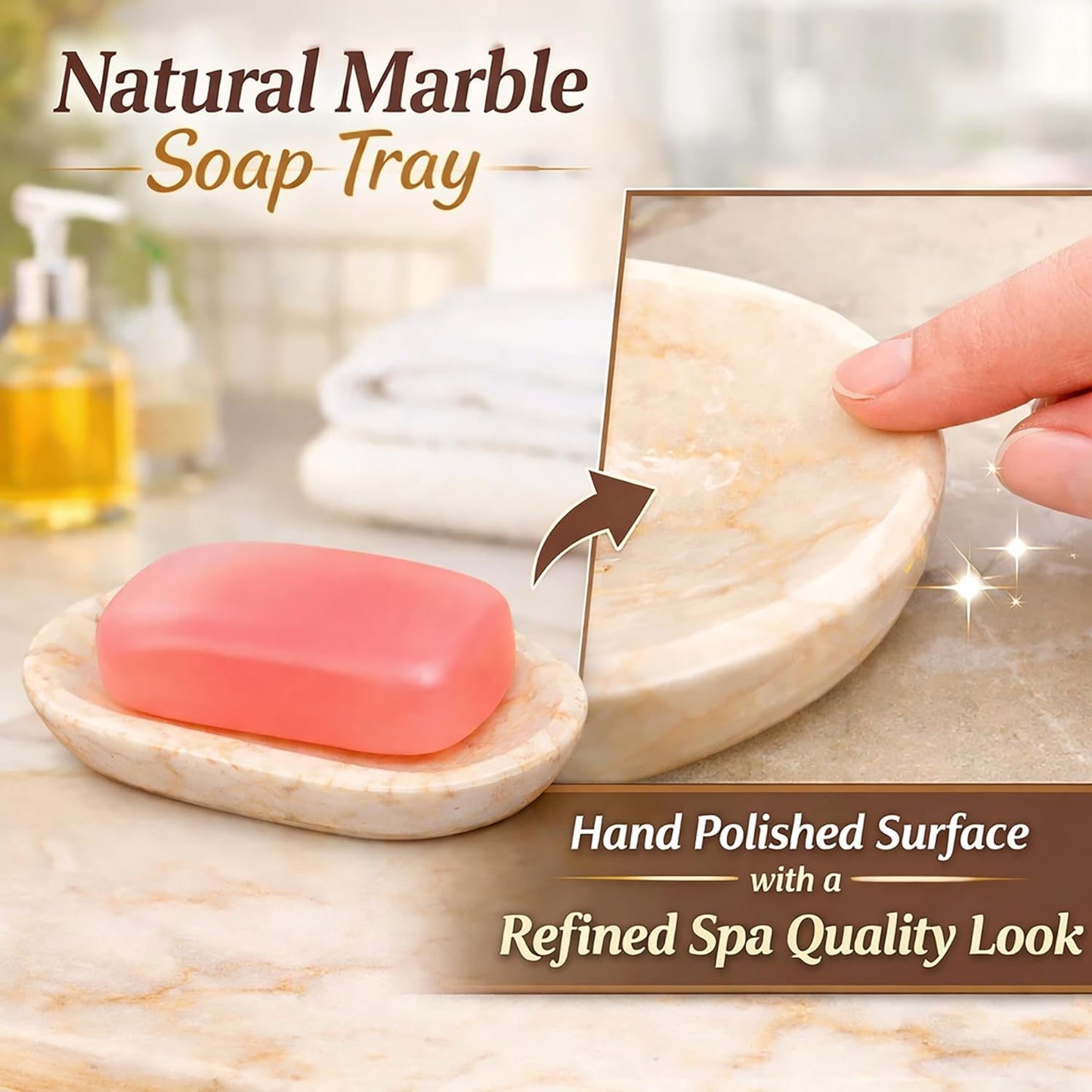 Creative Home Natural Champagne Marble Soap Dish for Bar Soap, Compact Beige Stone Soap Holder for Bathroom Sink and Shower Shelf, Solid Marble, 5.8 x 3.8 x 0.9 in