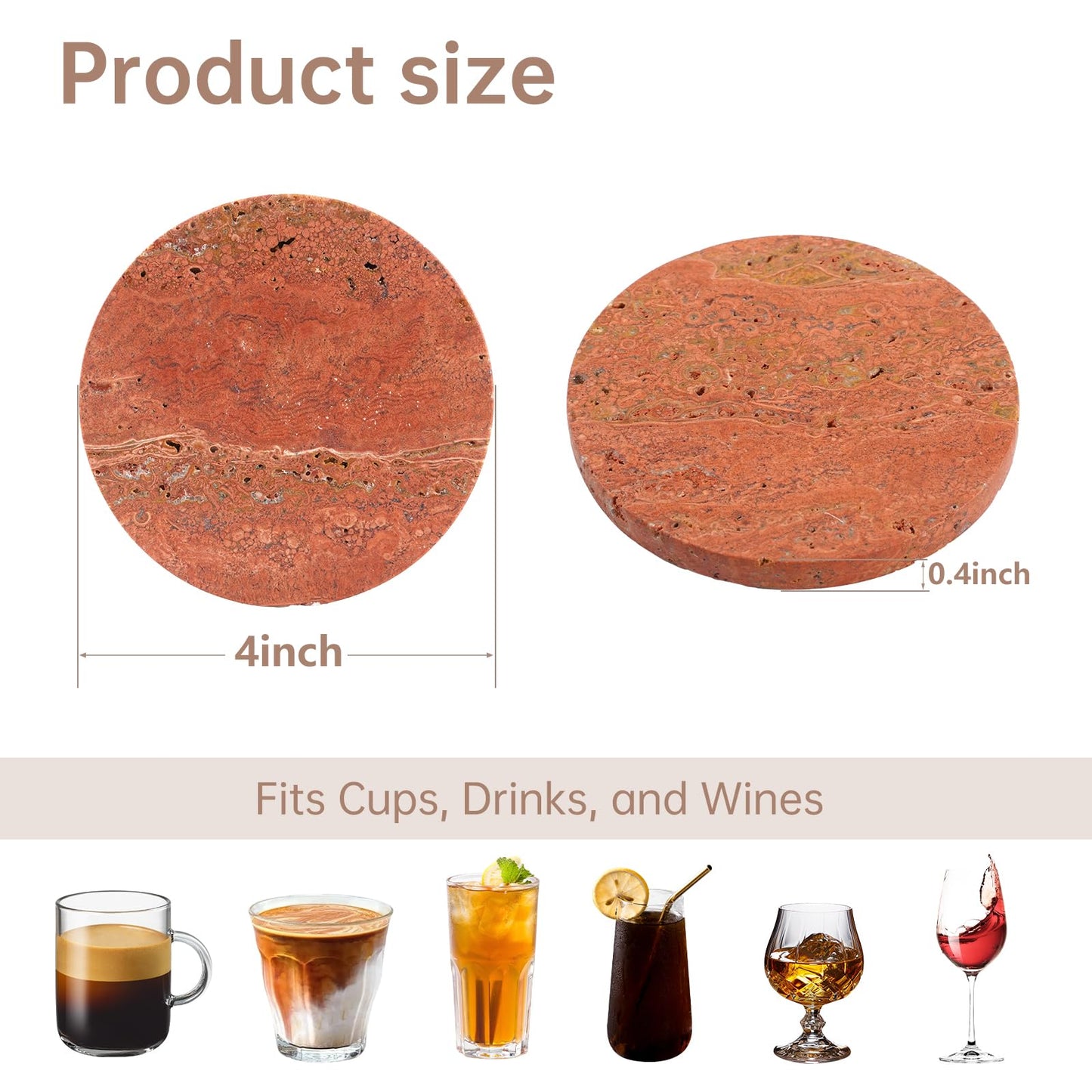 Red Travertine Coasters Set of 4, 10cm Diameter Natural Stone Coasters with Non-Slip Cork Backing, for Coffee Table Kitchen Office Decor