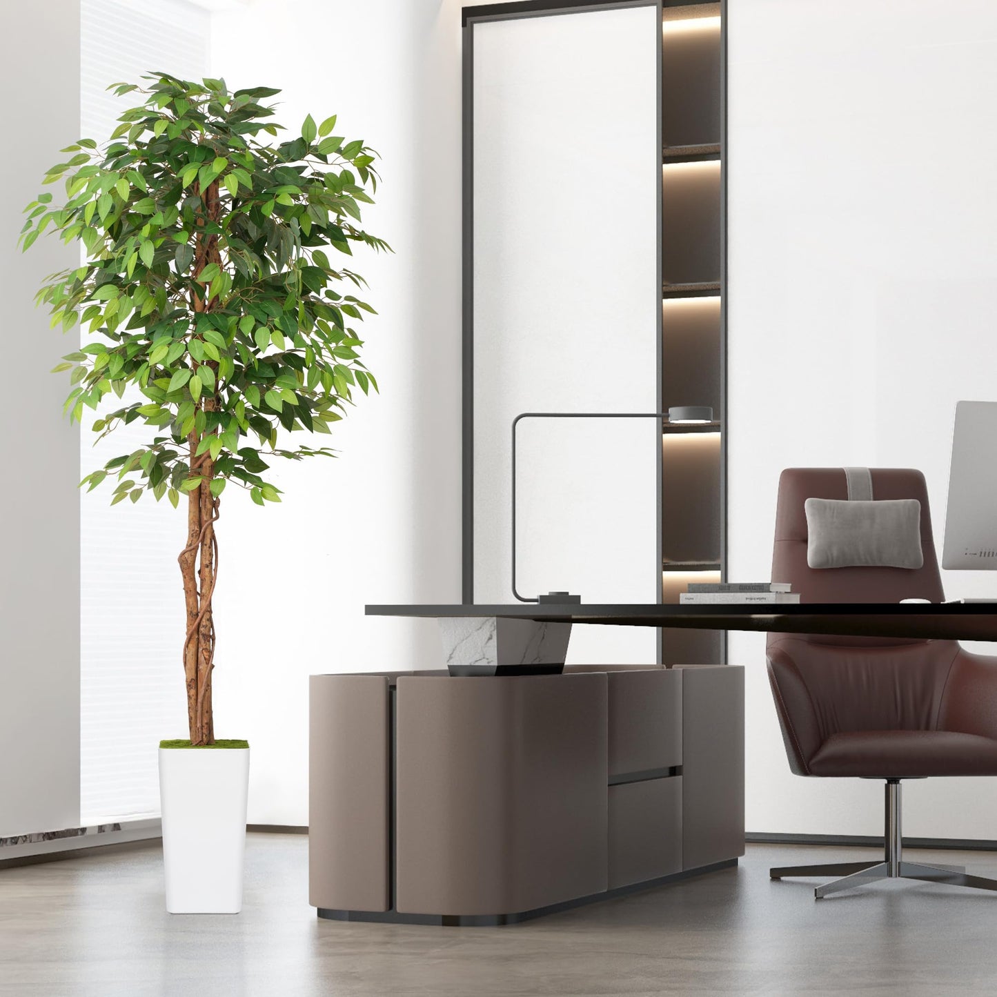 Waoops Artificial 7Ft Ficus Silk Tree with Tall Planter - Faux Plants Indoor with Natural Wood Trunk - Large Tall Fake Plants for Home Office Living Room Patio Decor