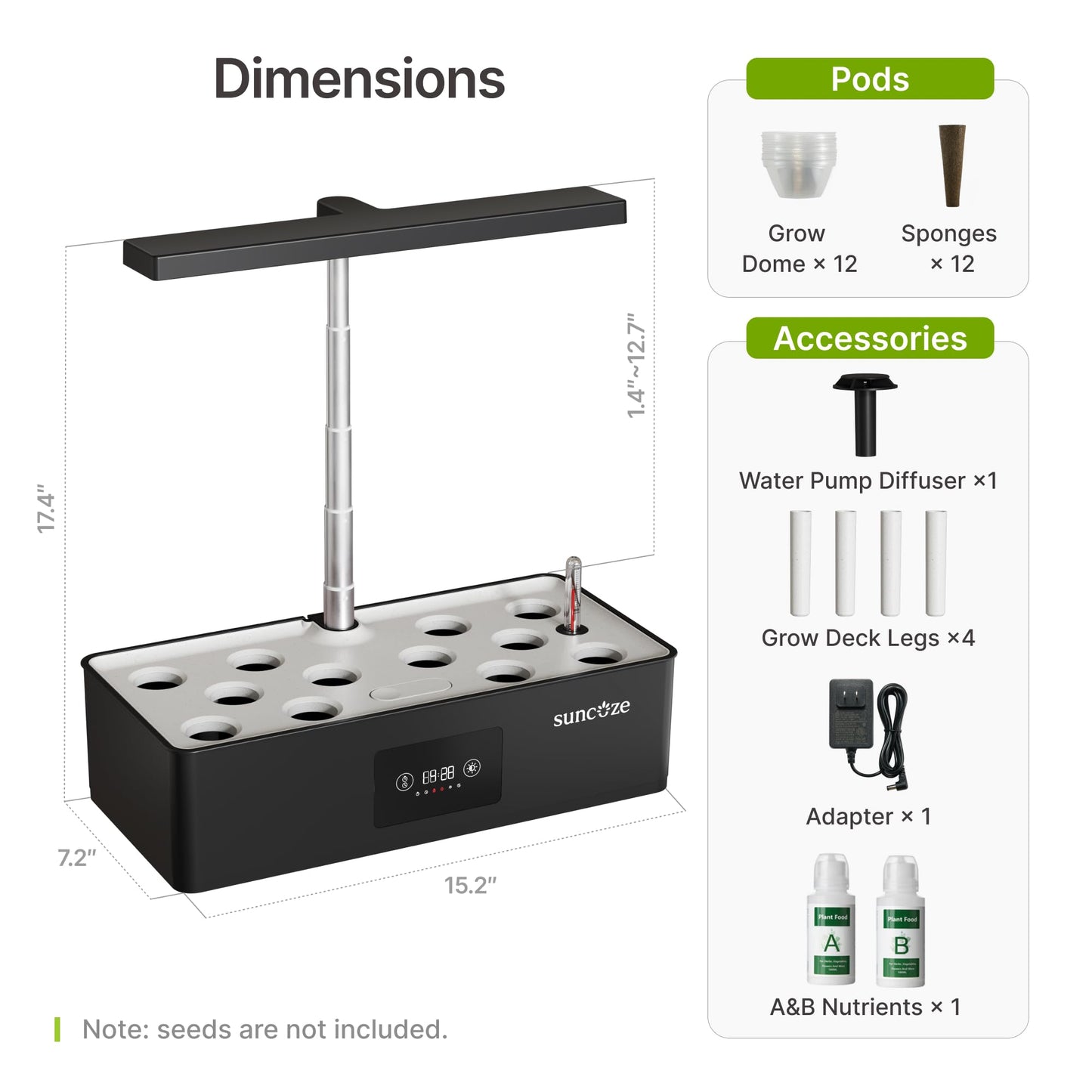 SUNCOZE Hydroponics Growing System Kit with 24W Dimmable Grow Light, 12 Pods Indoor Herb Garden with Timer & Local Time Setting, Adjustable Height, Smart Countertop Garden for Home & Kitchen, Black