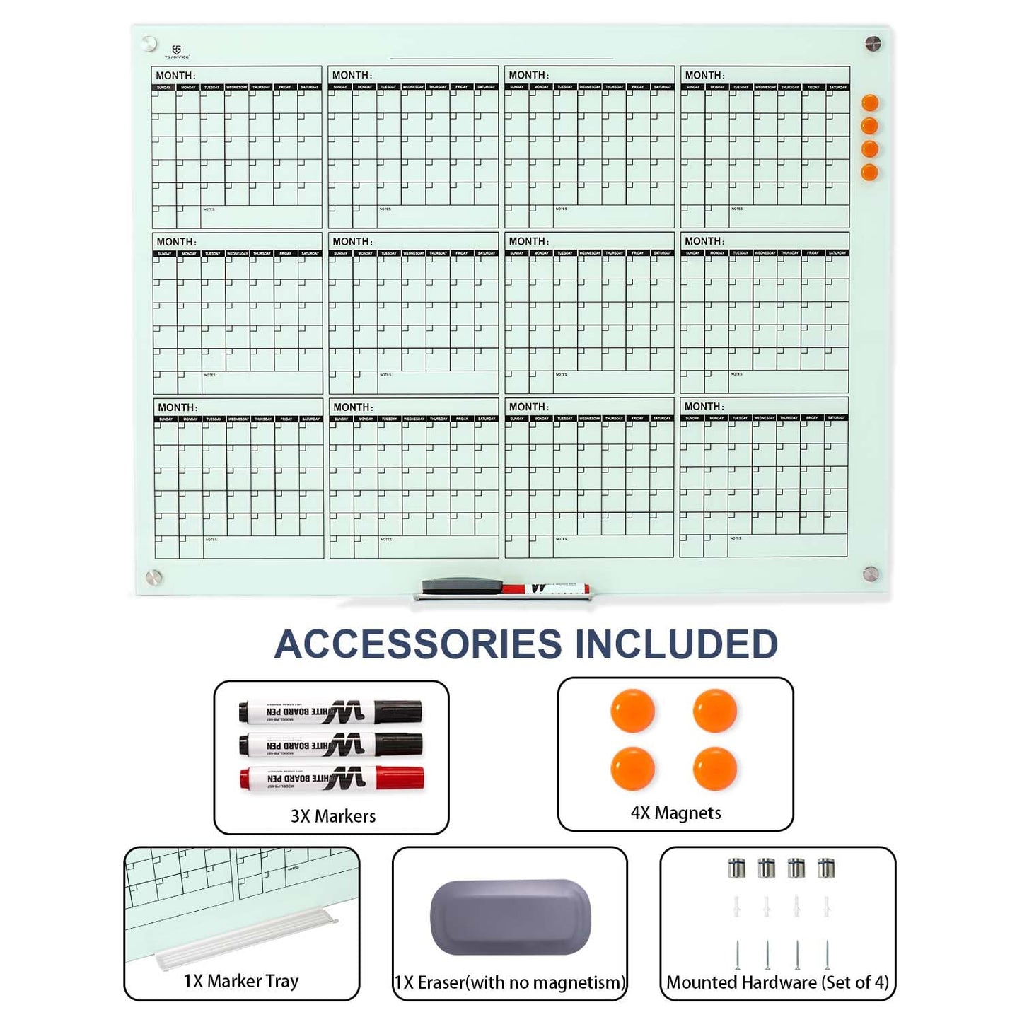 TSJ OFFICE Glass Calendar Whiteboard - 48 x 36 Inches Wall Mounted Yearly Calendar Dry Erase Board, Large Magnetic Glass White Board for Office, Home & School
