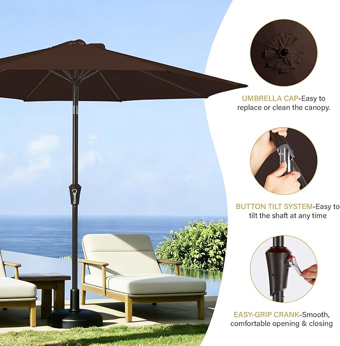 MEWAY 9ft Patio Umbrella Outdoor Table Umbrellas with Push Button Tilt and Crank, Market Umbrella 8 Sturdy Ribs for Deck, Garden, Pool and Backyard, Brown