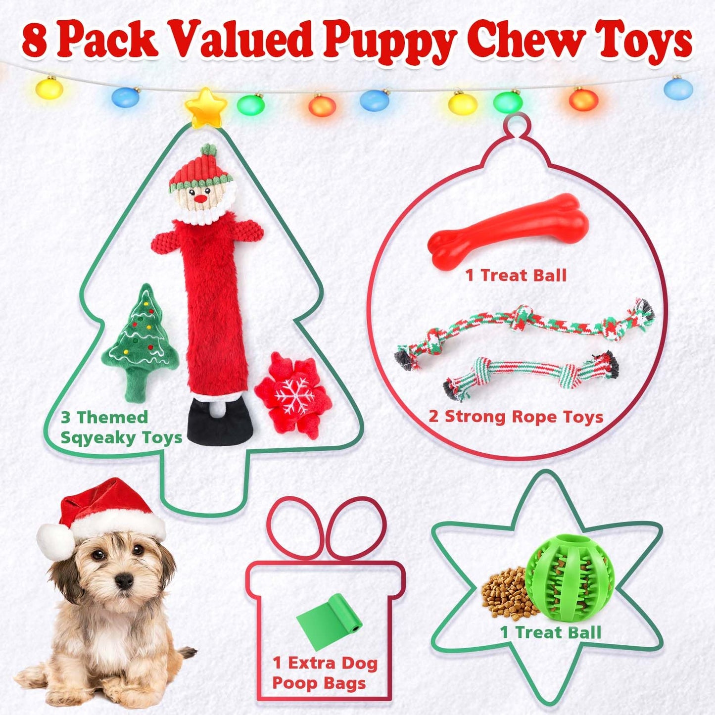 LOYEE Christmas Dog Toys 8 Pack - Santa Squeaky Plush Chew for Puppy, Durable Interactive Rope for Teething, Treating Ball and Bone Rubber for Small Dogs