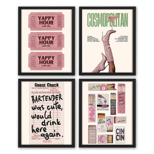 NaZaUK Pink Bar Cart Decor Wall Art, Aesthetic Artwork for Home Living Room Bar Cart Kitchen Wall Decor for College Apartment Set of 4, 8x10 Inch (Unframed)