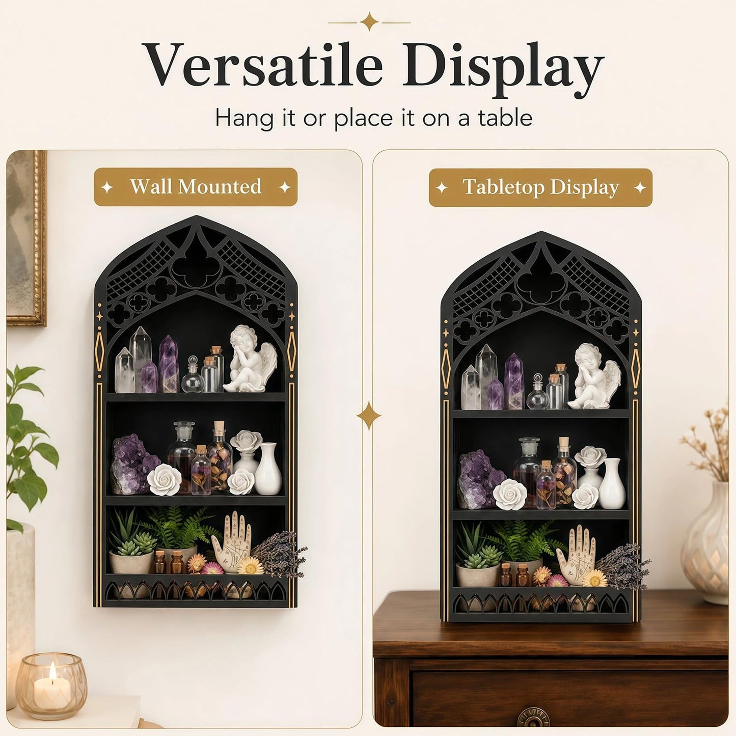 HBSGS Gothic Window Crystal Display Shelf, 1.96" Deep Wooden Wall Mounted Gemstone Crystal Holder, Witchy Decor Trinket Organizer for Healing Stones -2026 Upgraded (Window-7.9" W x 15.7" H)