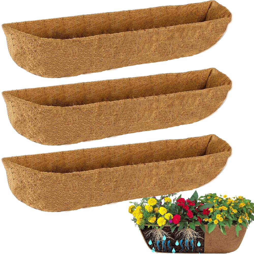 XXINGEM 3Pcs Pre-Formed Coco Fiber Liners for Planters, Window Boxes & Fence Flower Baskets Replacement (30in)