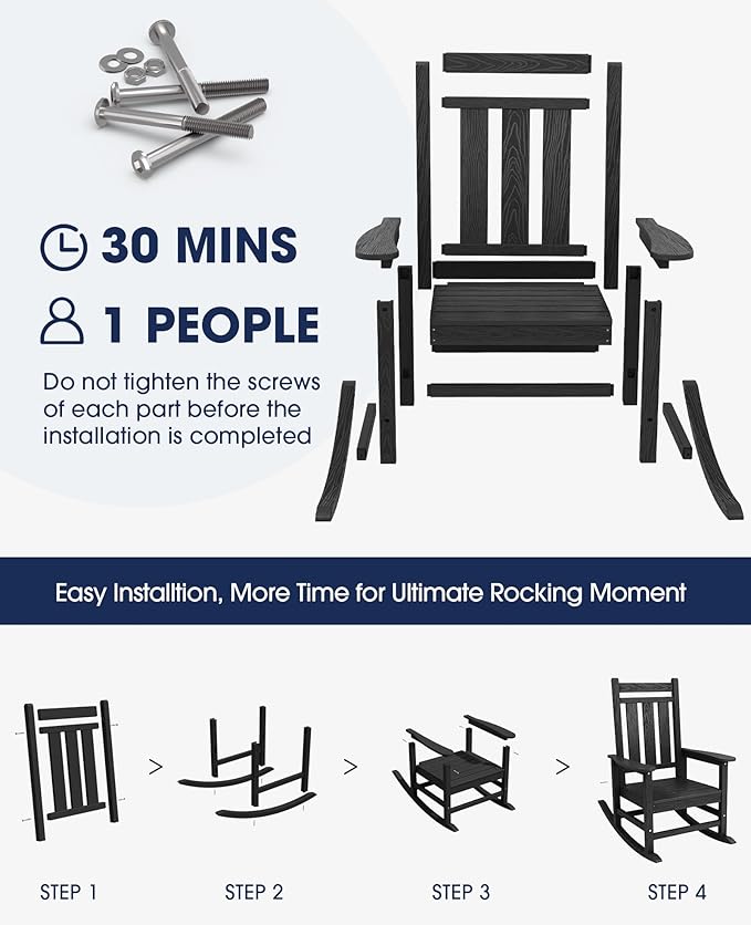 KINGYES Oversized Outdoor Rocking Chair Set of 2, All-Weather Patio Rocking Chairs for Porch, HDPE Outdoor Patio Rockers with High Back & Wide Seat for Garden, Lawn, Black