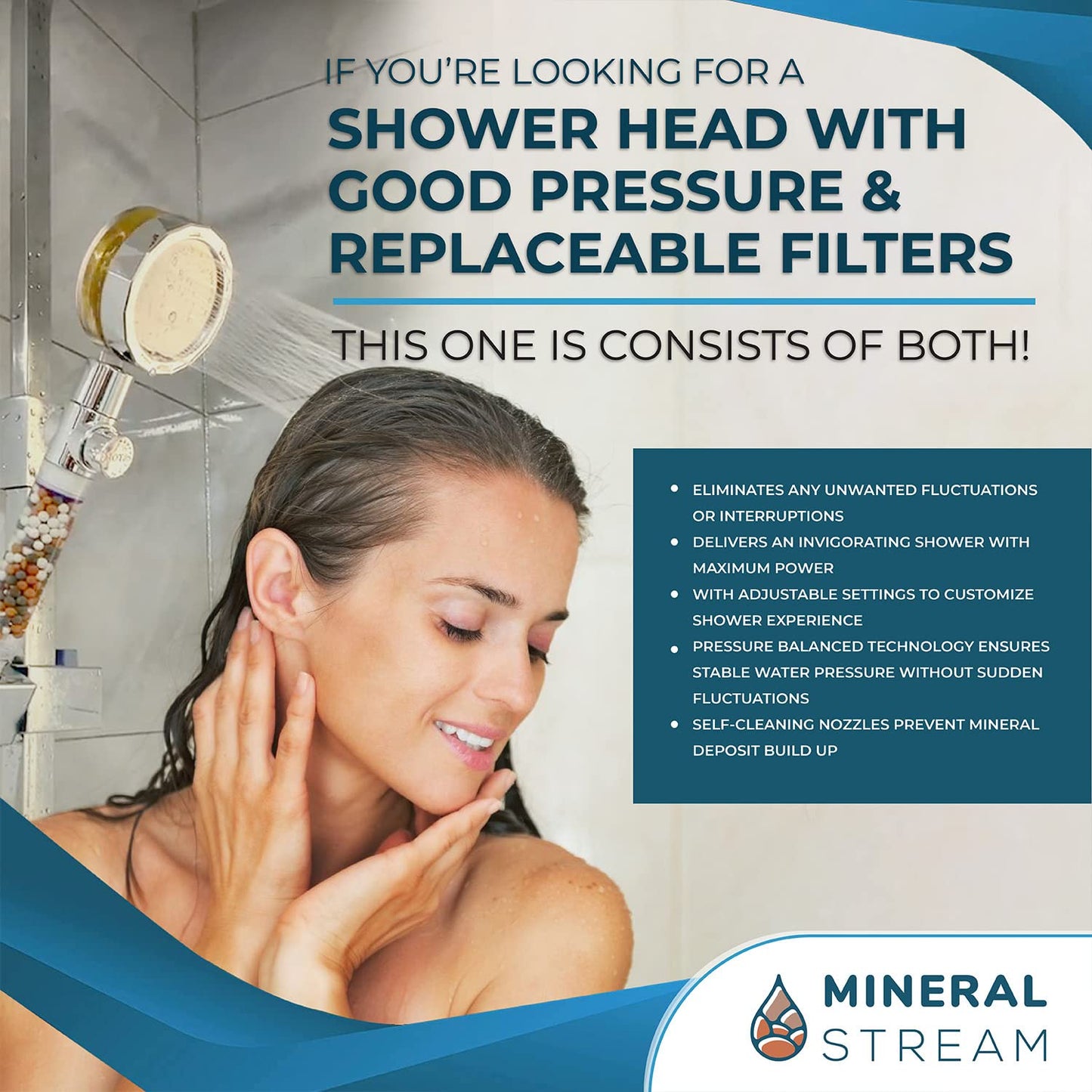 Turbo High Pressure Handheld Shower Head by MineralStream with Mineral Stones for Filtration | Perfect for Dry Hair & Skin | 360 Degree Spin Showerhead for Spa like Experience at Home