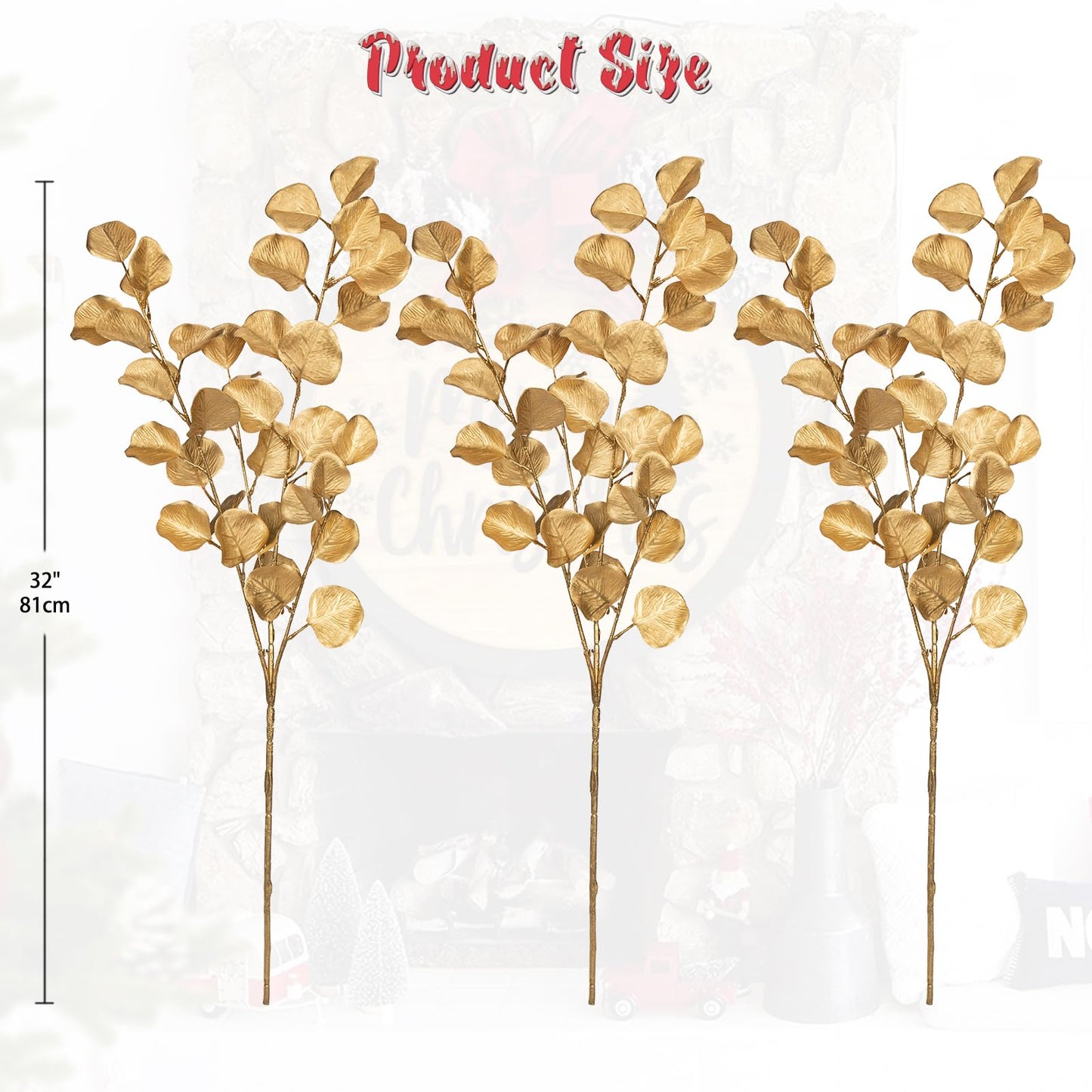 Hollyone 32” Christmas Tree Picks and Sprays 3Pcs Gold Artificial Eucalyptus Stems Eucalyptus Leaves Branches Fake Gold Leaf Floral for Vase DIY Xmas Tree Garland Wreath Centerpieces Wedding Decor