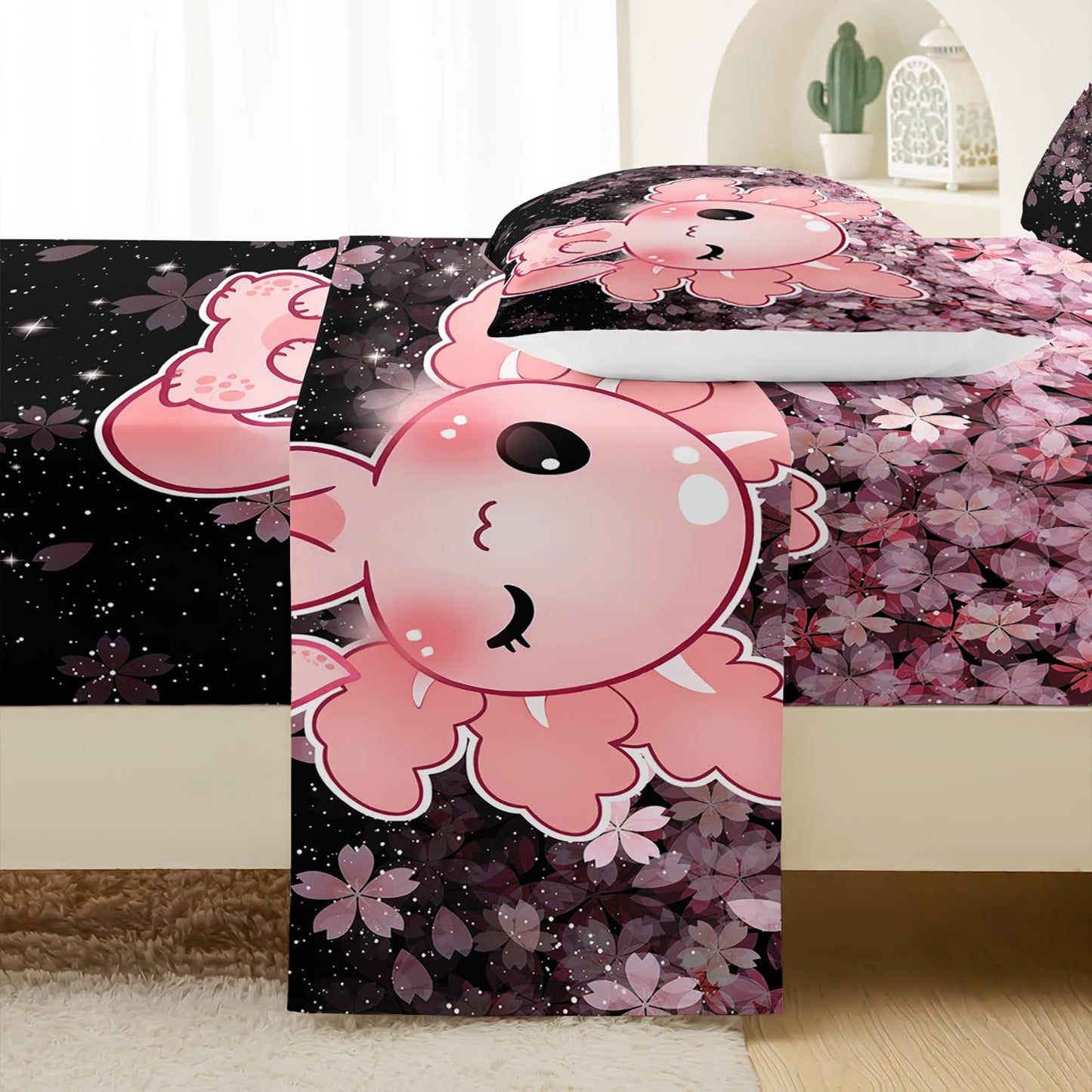 QOOMO Kawaii Axolotl Bedding for Boys and Girls Pink Cherry Blossom Super Soft Kids Bedding Set Sparkling Stars Breathable Room Decoration Twin Size 1 Fitted Sheet, 1 Flat Sheet, 2 Pillow Cases