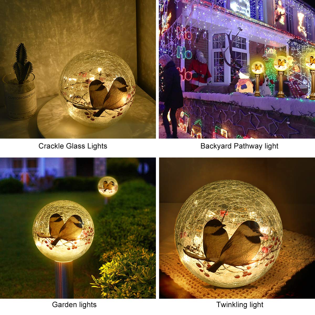 Glass Ball Light Birds Pattern Crackle Warm White Night Lamp for Bedroom Living-Room Dresser Nursery Kitchen Garden Modern Decoration Craft