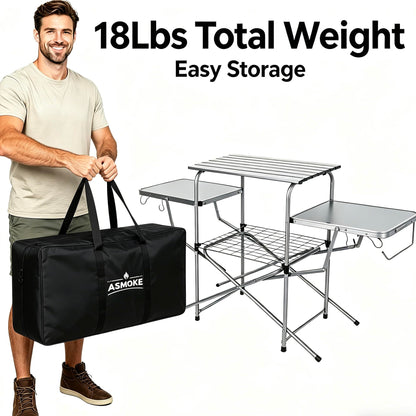 ASMOKE Foldable Grilling Table – Premium & Lightweight Aluminum Cooking Table for Camping, Outdoor BBQ Party and RV Touring - 88lbs Capacity, Comes with Carrying Bag